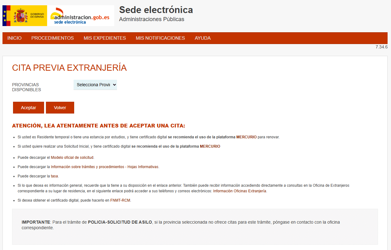 P&aacute;gina web cita previa extranjer&iacute;a