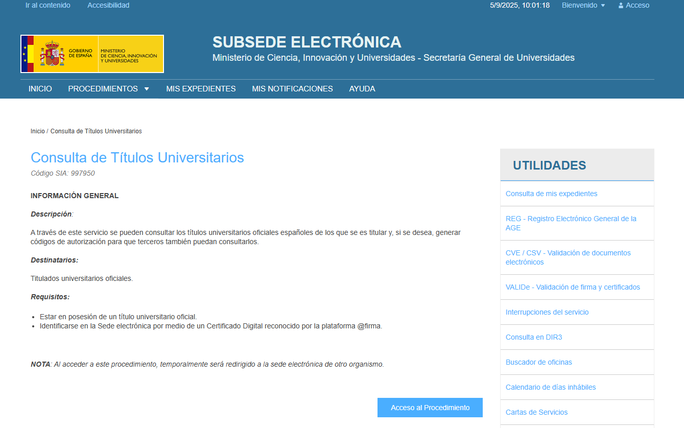 Web sede electr&oacute;nica - Consulta de t&iacute;tulos universitarios